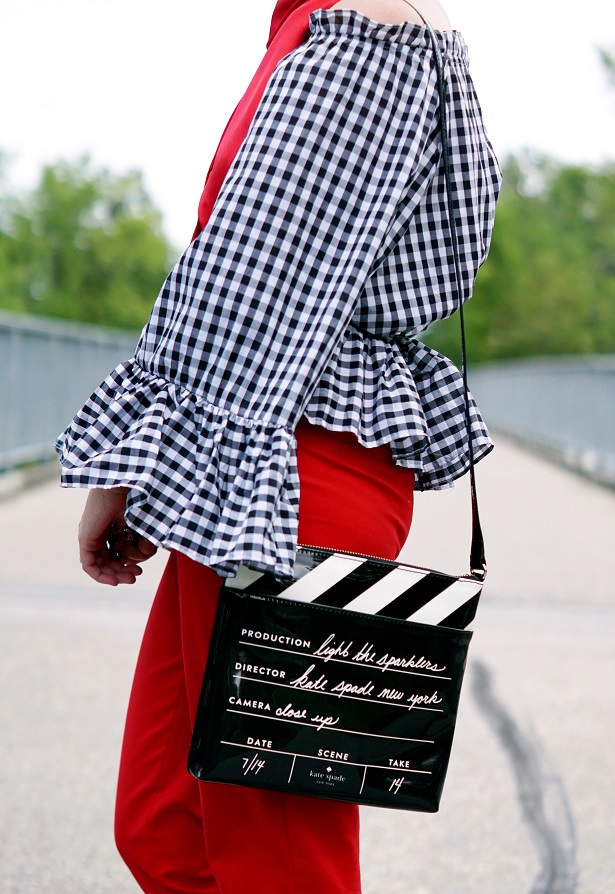 Winnipeg Style Fashion Consultant Stylist, Chicwish retro vintage check off shoulder top, Le chateau red bow neck scarf, Kate Spade Light the sparklers cinema city movie bag, Cleo red ankle pants, John Fluevog yellow Big Presence Desmond shoes